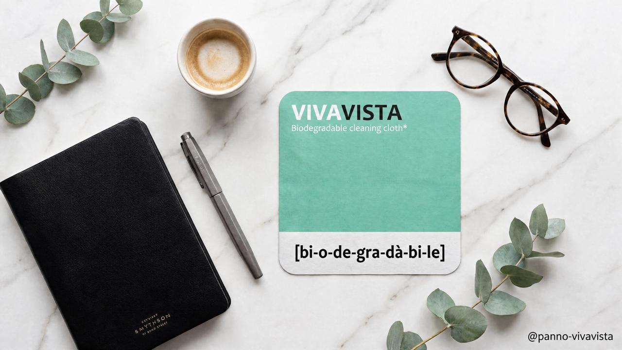 Panno aziendale personalizzato VivaVista su una scrivania, accanto a occhiali e caffè