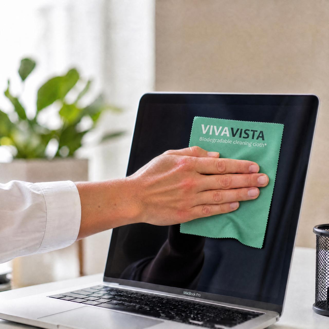 Pulizia dello schermo di un laptop con il panno in microfibra biodegradabile VivaVista